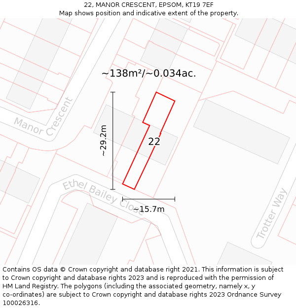 22, MANOR CRESCENT, EPSOM, KT19 7EF: Plot and title map