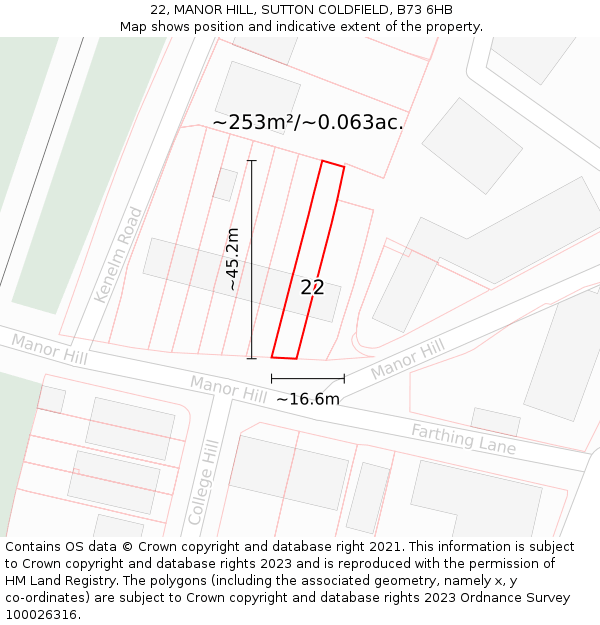 22, MANOR HILL, SUTTON COLDFIELD, B73 6HB: Plot and title map