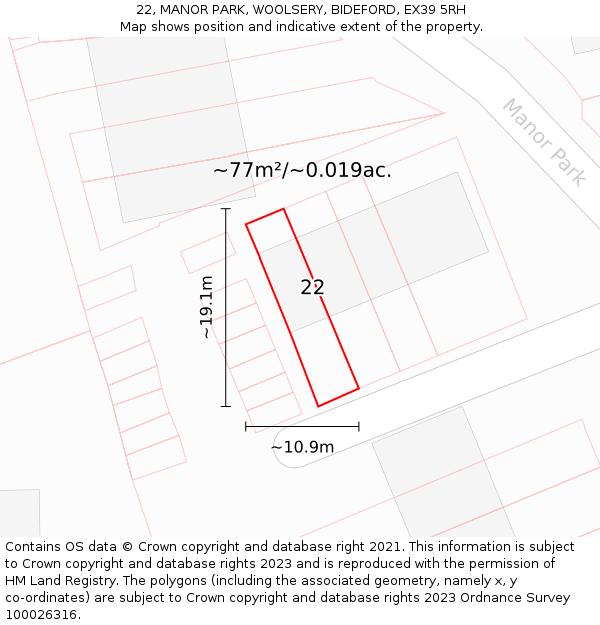 22, MANOR PARK, WOOLSERY, BIDEFORD, EX39 5RH: Plot and title map