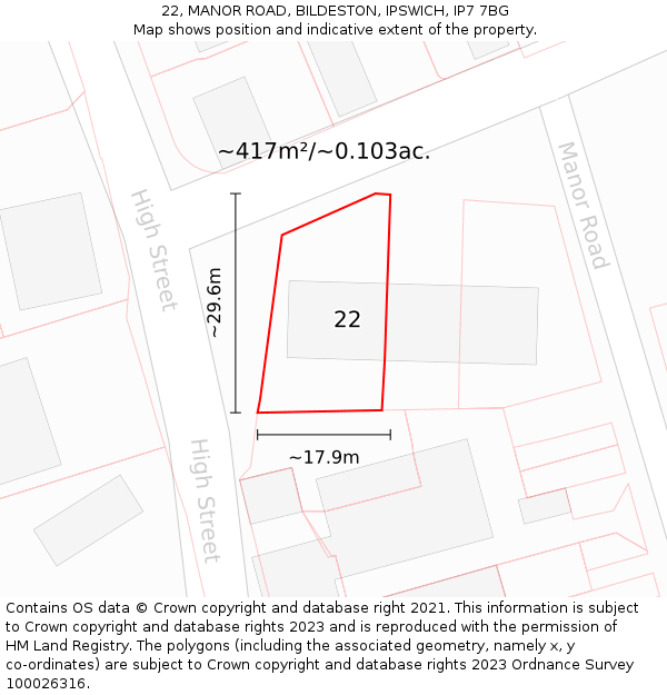 22, MANOR ROAD, BILDESTON, IPSWICH, IP7 7BG: Plot and title map