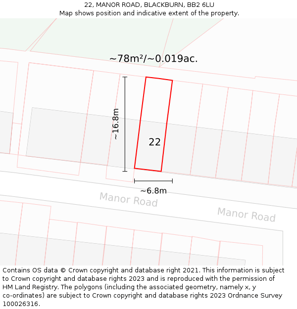 22, MANOR ROAD, BLACKBURN, BB2 6LU: Plot and title map