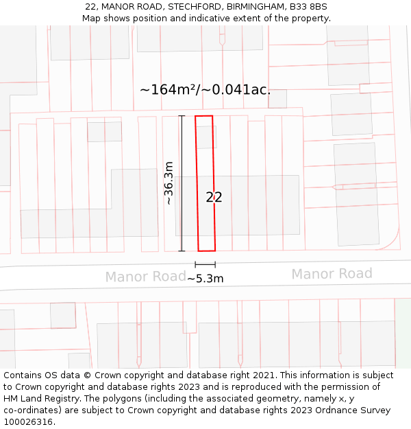 22, MANOR ROAD, STECHFORD, BIRMINGHAM, B33 8BS: Plot and title map