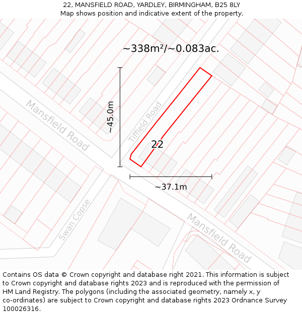 22, MANSFIELD ROAD, YARDLEY, BIRMINGHAM, B25 8LY: Plot and title map