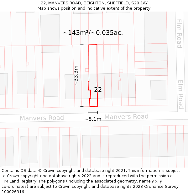 22, MANVERS ROAD, BEIGHTON, SHEFFIELD, S20 1AY: Plot and title map