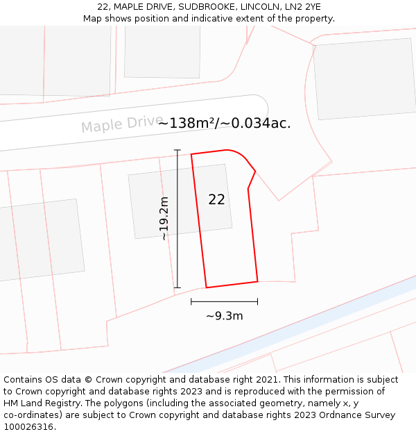 22, MAPLE DRIVE, SUDBROOKE, LINCOLN, LN2 2YE: Plot and title map