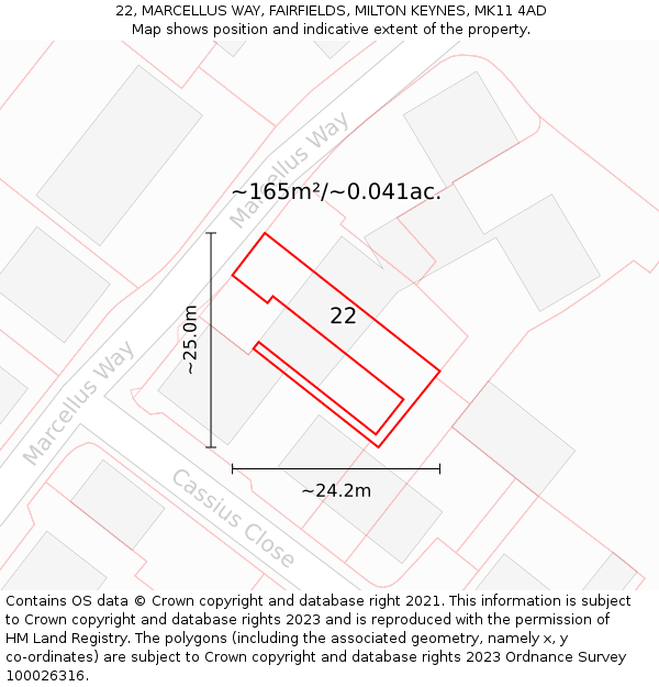 22, MARCELLUS WAY, FAIRFIELDS, MILTON KEYNES, MK11 4AD: Plot and title map