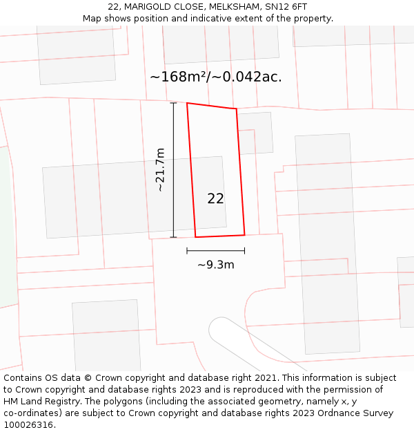 22, MARIGOLD CLOSE, MELKSHAM, SN12 6FT: Plot and title map