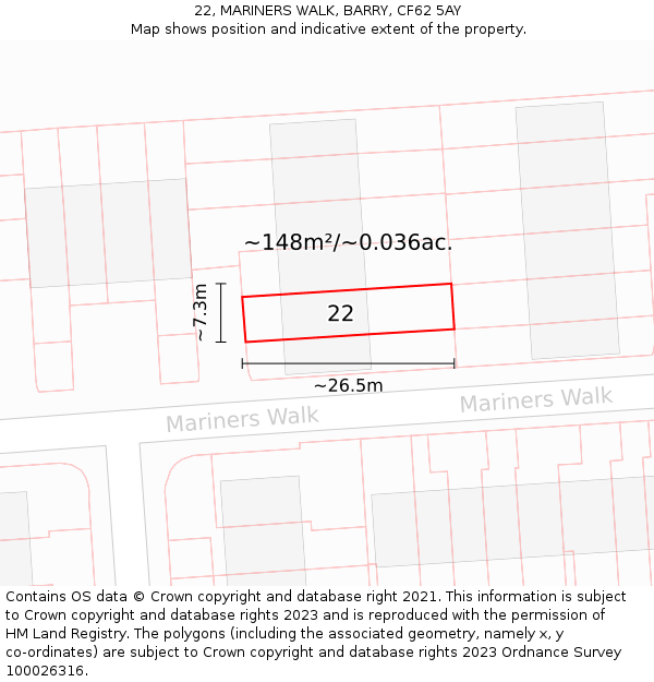 22, MARINERS WALK, BARRY, CF62 5AY: Plot and title map