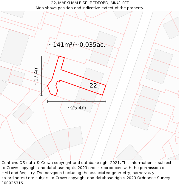 22, MARKHAM RISE, BEDFORD, MK41 0FF: Plot and title map