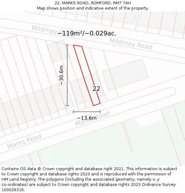 22, MARKS ROAD, ROMFORD, RM7 7AH: Plot and title map