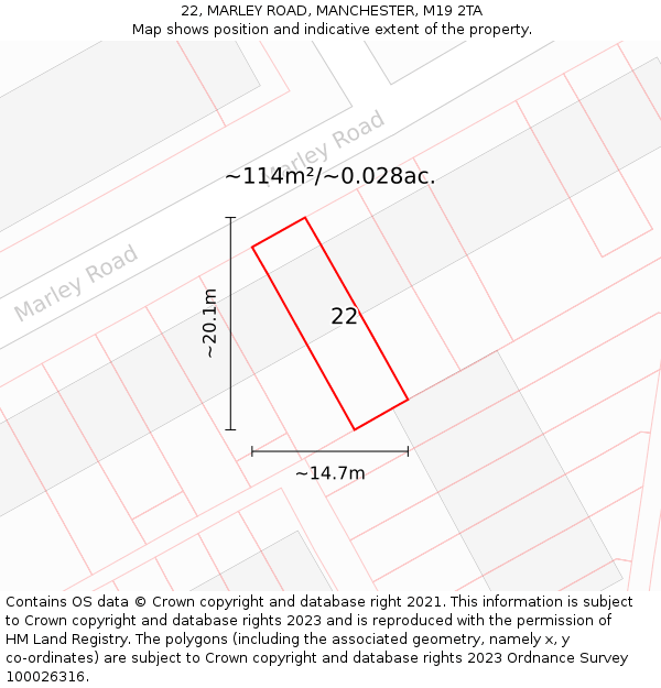 22, MARLEY ROAD, MANCHESTER, M19 2TA: Plot and title map