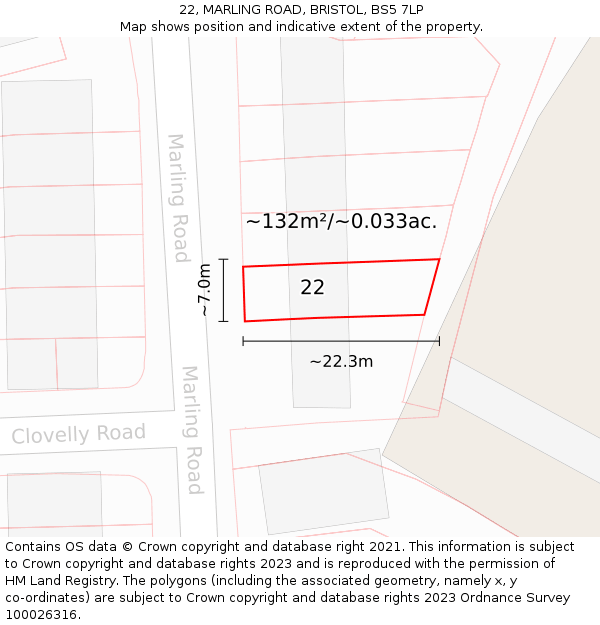 22, MARLING ROAD, BRISTOL, BS5 7LP: Plot and title map