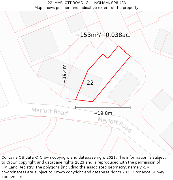 22, MARLOTT ROAD, GILLINGHAM, SP8 4FA: Plot and title map
