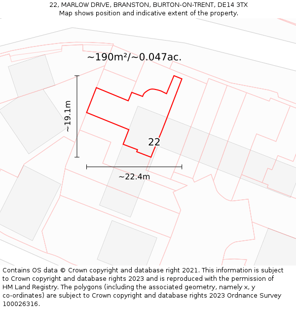 22, MARLOW DRIVE, BRANSTON, BURTON-ON-TRENT, DE14 3TX: Plot and title map