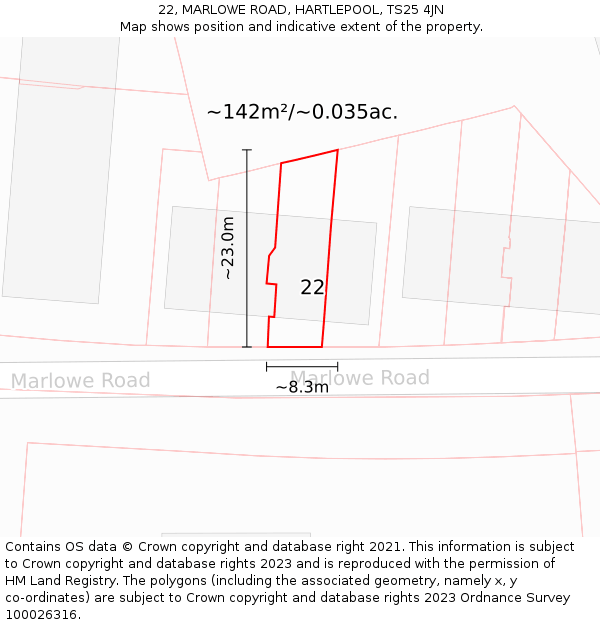 22, MARLOWE ROAD, HARTLEPOOL, TS25 4JN: Plot and title map