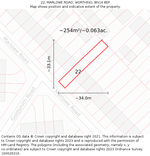 22, MARLOWE ROAD, WORTHING, BN14 8EP: Plot and title map