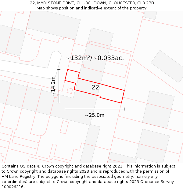 22, MARLSTONE DRIVE, CHURCHDOWN, GLOUCESTER, GL3 2BB: Plot and title map