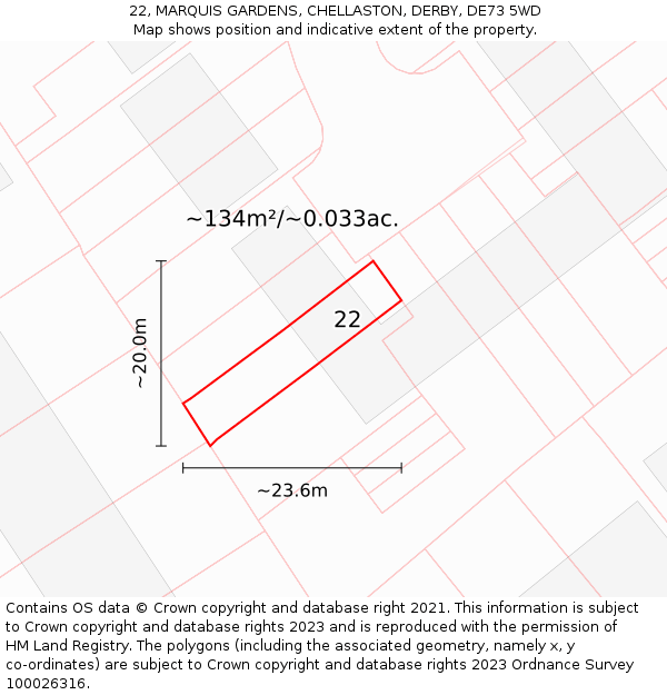22, MARQUIS GARDENS, CHELLASTON, DERBY, DE73 5WD: Plot and title map