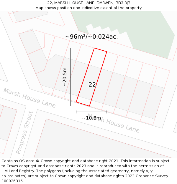 22, MARSH HOUSE LANE, DARWEN, BB3 3JB: Plot and title map