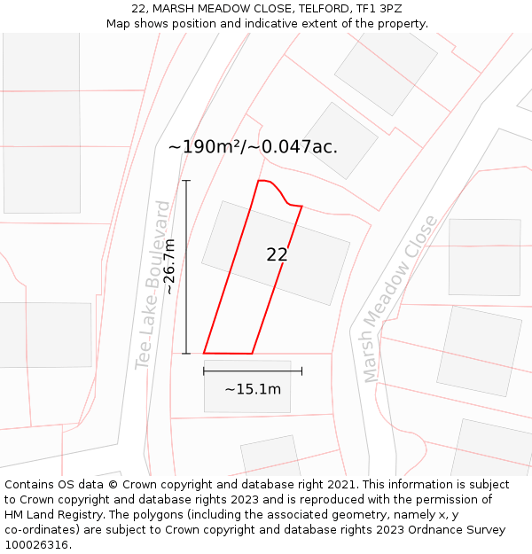 22, MARSH MEADOW CLOSE, TELFORD, TF1 3PZ: Plot and title map
