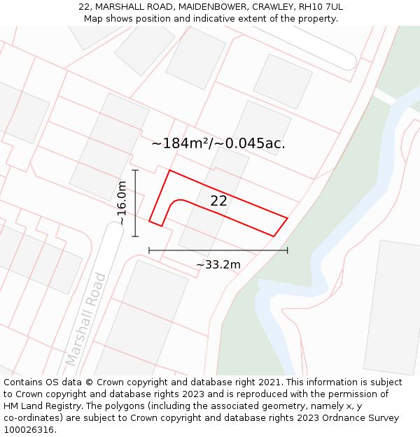22, MARSHALL ROAD, MAIDENBOWER, CRAWLEY, RH10 7UL: Plot and title map