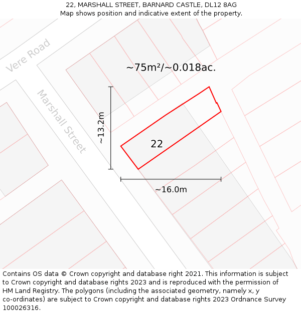 22, MARSHALL STREET, BARNARD CASTLE, DL12 8AG: Plot and title map
