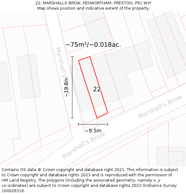 22, MARSHALLS BROW, PENWORTHAM, PRESTON, PR1 9HY: Plot and title map