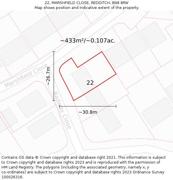 22, MARSHFIELD CLOSE, REDDITCH, B98 8RW: Plot and title map