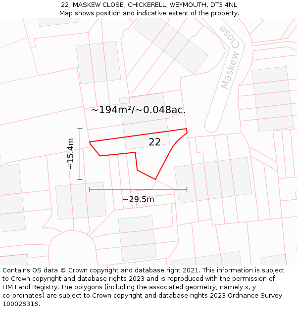 22, MASKEW CLOSE, CHICKERELL, WEYMOUTH, DT3 4NL: Plot and title map