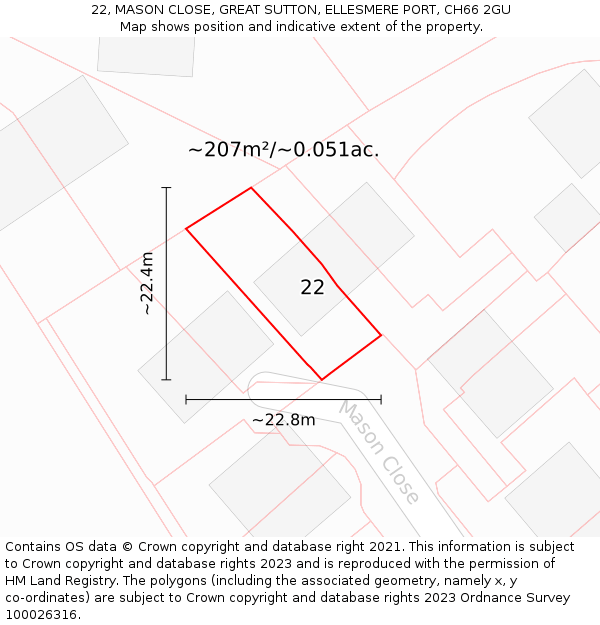22, MASON CLOSE, GREAT SUTTON, ELLESMERE PORT, CH66 2GU: Plot and title map