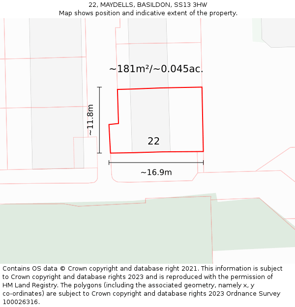 22, MAYDELLS, BASILDON, SS13 3HW: Plot and title map