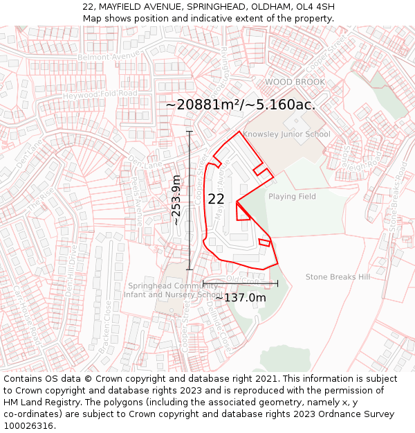 22, MAYFIELD AVENUE, SPRINGHEAD, OLDHAM, OL4 4SH: Plot and title map