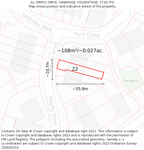 22, MAYFLY DRIVE, HAWKINGE, FOLKESTONE, CT18 7FD: Plot and title map