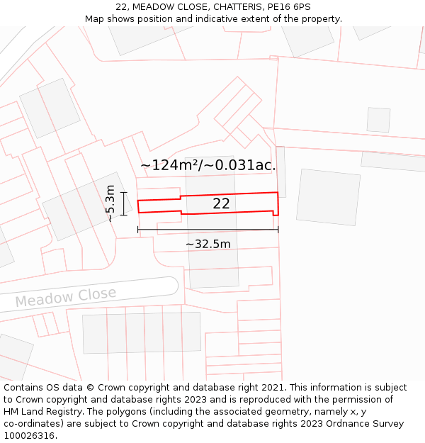 22, MEADOW CLOSE, CHATTERIS, PE16 6PS: Plot and title map
