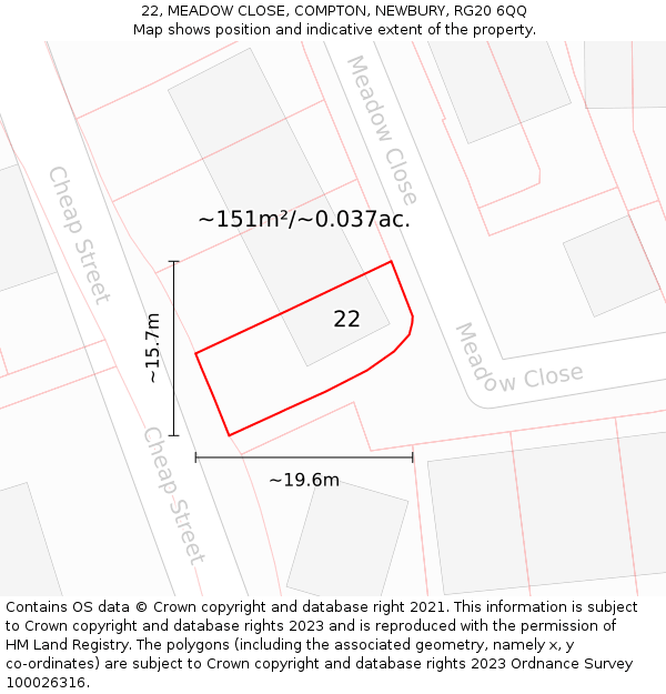 22, MEADOW CLOSE, COMPTON, NEWBURY, RG20 6QQ: Plot and title map