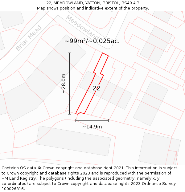 22, MEADOWLAND, YATTON, BRISTOL, BS49 4JB: Plot and title map