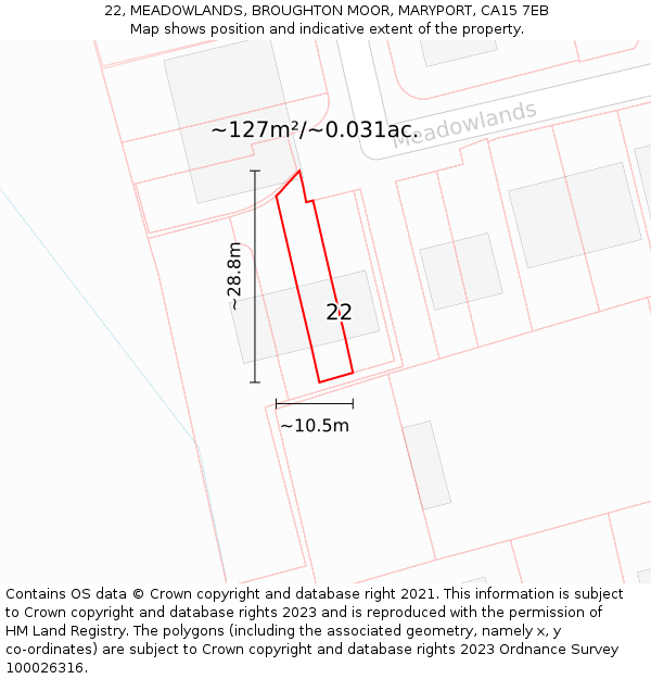 22, MEADOWLANDS, BROUGHTON MOOR, MARYPORT, CA15 7EB: Plot and title map