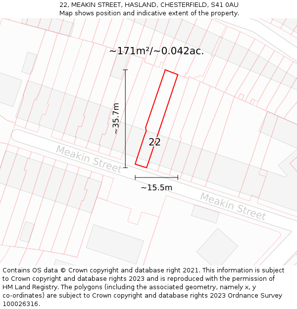 22, MEAKIN STREET, HASLAND, CHESTERFIELD, S41 0AU: Plot and title map