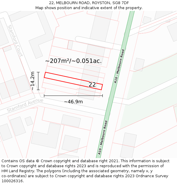 22, MELBOURN ROAD, ROYSTON, SG8 7DF: Plot and title map
