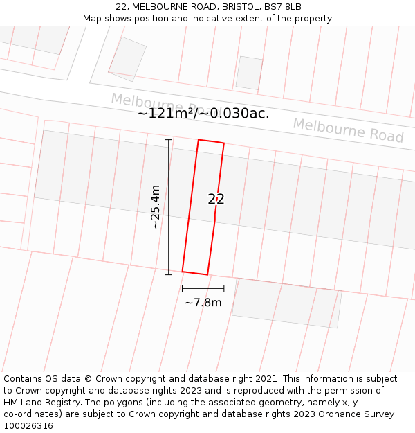 22, MELBOURNE ROAD, BRISTOL, BS7 8LB: Plot and title map