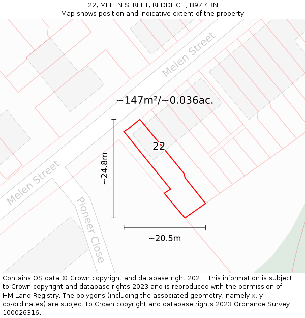 22, MELEN STREET, REDDITCH, B97 4BN: Plot and title map