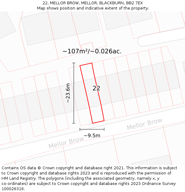 22, MELLOR BROW, MELLOR, BLACKBURN, BB2 7EX: Plot and title map