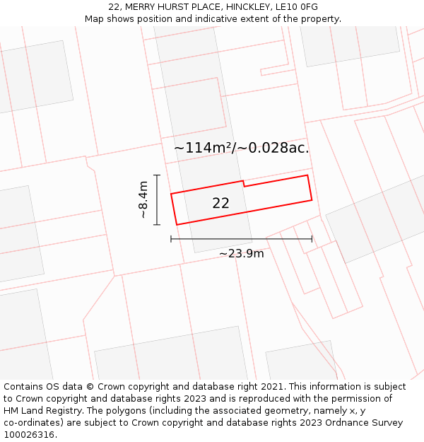 22, MERRY HURST PLACE, HINCKLEY, LE10 0FG: Plot and title map