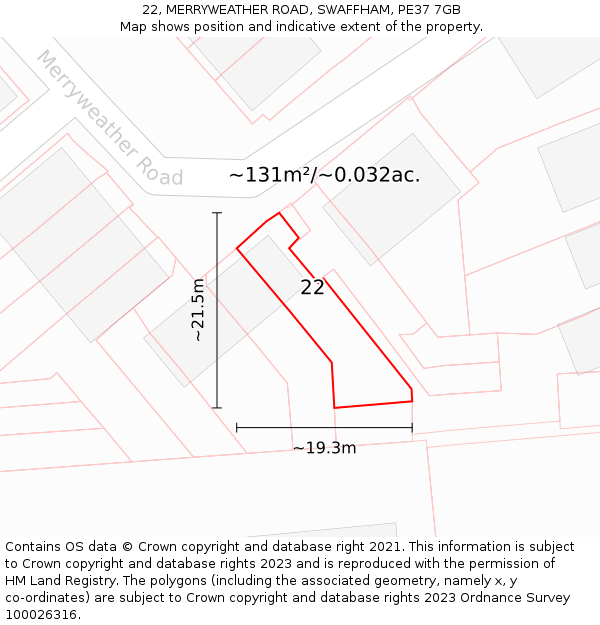 22, MERRYWEATHER ROAD, SWAFFHAM, PE37 7GB: Plot and title map