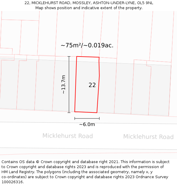 22, MICKLEHURST ROAD, MOSSLEY, ASHTON-UNDER-LYNE, OL5 9NL: Plot and title map