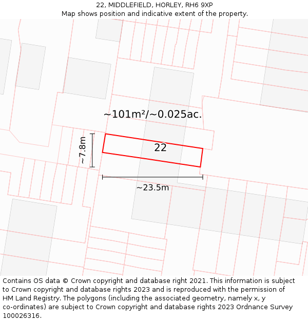22, MIDDLEFIELD, HORLEY, RH6 9XP: Plot and title map