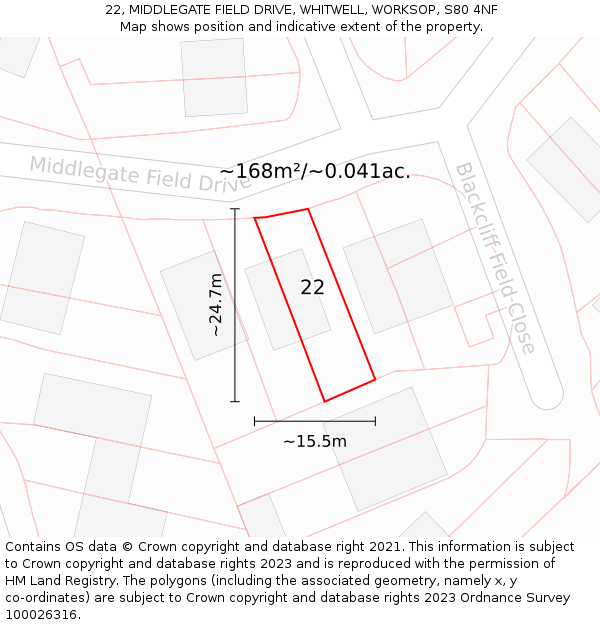 22, MIDDLEGATE FIELD DRIVE, WHITWELL, WORKSOP, S80 4NF: Plot and title map