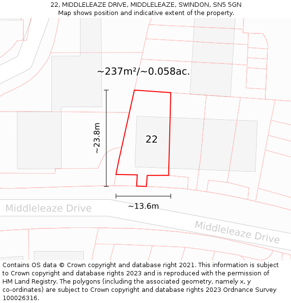 22, MIDDLELEAZE DRIVE, MIDDLELEAZE, SWINDON, SN5 5GN: Plot and title map