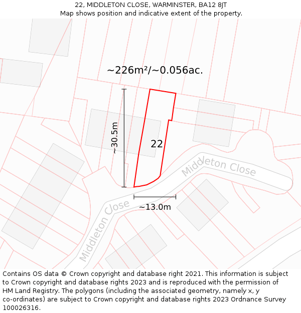 22, MIDDLETON CLOSE, WARMINSTER, BA12 8JT: Plot and title map