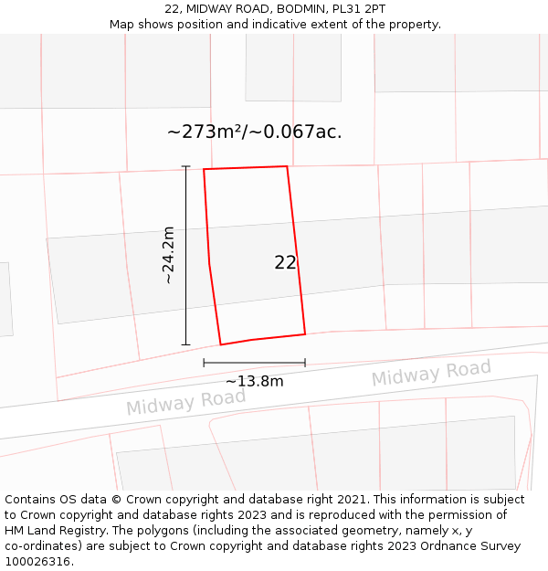 22, MIDWAY ROAD, BODMIN, PL31 2PT: Plot and title map